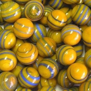 Picture of M303  HANDMADE 16MM set of 10, Orange w/Blue & Gray Stripes Marbles