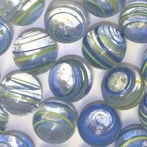 Picture of M335  HANDMADE 25mm set of 10 Transparent Clear with Blue and Yellow Stripes Marbles 