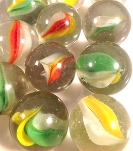 Picture of M217 25MM Transparent Clear With Red, Yellow, White and Green Swirls Shiny Glass Marbles  [E16i]