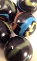 Picture of M233 25MM Black Base With Yellow, Light Blue And Orange Swirls Glass Marbles 