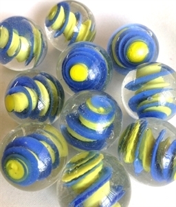 Picture of MM3045D HANDMADE 25mm set of 10, Clear w/blue & yellow swirls