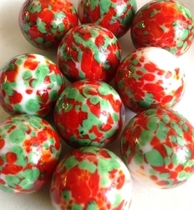 Picture of MJ3222BA  HANDMADE 25MM Set of 10 Marbles, WHITE w/GREEN, RED, & GOLD  STRIPES