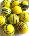 Picture of MJ3222D  HANDMADE 25MM Set of 10 Marbles, Yellow w/Blue stripes