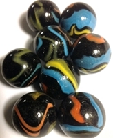 M233 25MM Black Base With Yellow, Light Blue And Orange Swirls Glass Marbles
